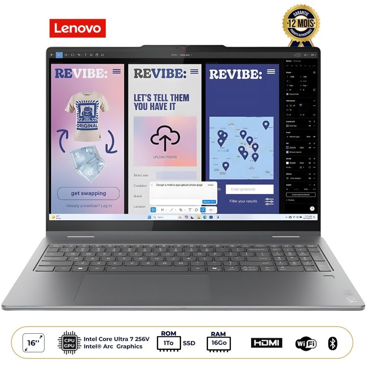 Ordinateur Portable Lenovo Yoga 7 2-en-1 - Écran 16" WUXGA Tactile - Intel Core Ultra 7 256V - 1 To SSD - 16 Go RAM - Intel Arc Graphics - Luna Gray - QWERTY - Windows - Garantie 12 Mois