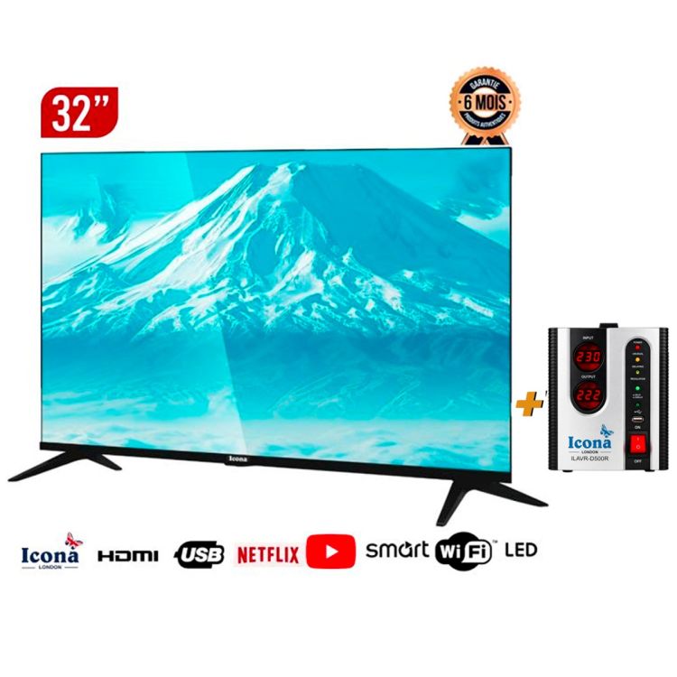 Pack Smart TV - Icona - 32" LED - Haute Définition - Wi-Fi Intégré + Régulateur de Tension Automatique 500VA - Garantie 6 mois