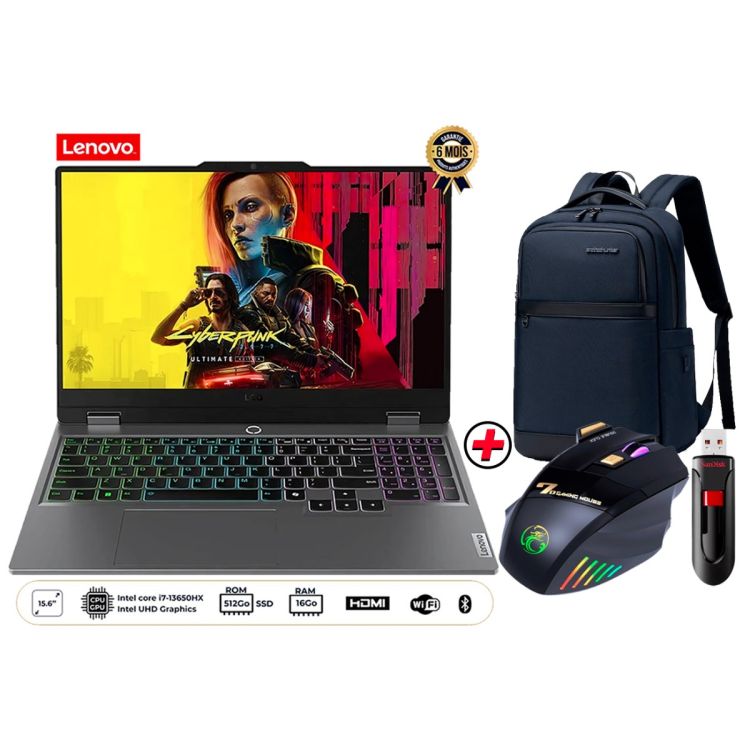 Pack Ordinateur portable Gaming - Lenovo - LOQ 15IRX9 - 15.6" - Intel Core i7-13650HX - Qwerty -16 GB - 512 GB SSD - RTX 3050 6GB + Souris Gaming sans fil - i-Mice + Sac à dos pour laptop Wepower + Clé USB SanDisk Cruzer Glide - 128GB - USB 3.0