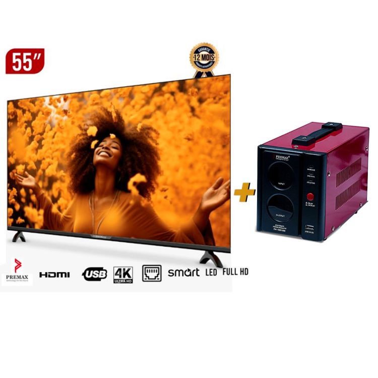 Pack TV Smart - Premax - PM55UHD4KBT - 55" Ultra HD 4K - Android 14 - Wi-Fi - Sans Bordure + Régulateur 1000VA - Garantie 12 mois