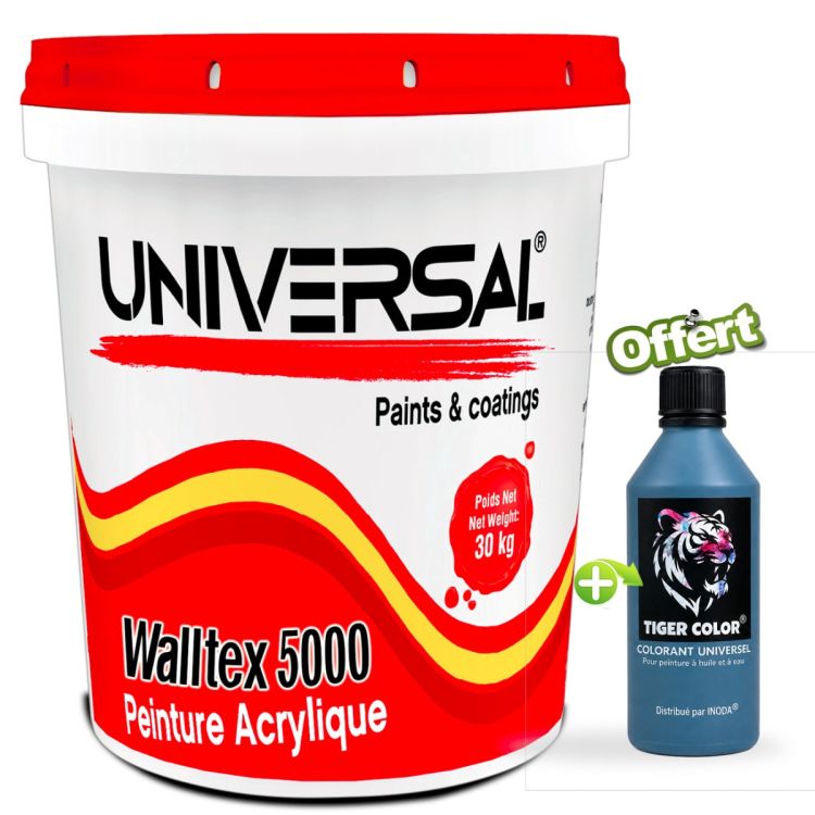 Peinture Acrylique WALLTEX 5000 – 30KG Mate intérieur/extérieur aux copolymères en dispersion aqueuse - Blancheur éclatante + 1 Colorant Universel Tiger Color Offert 