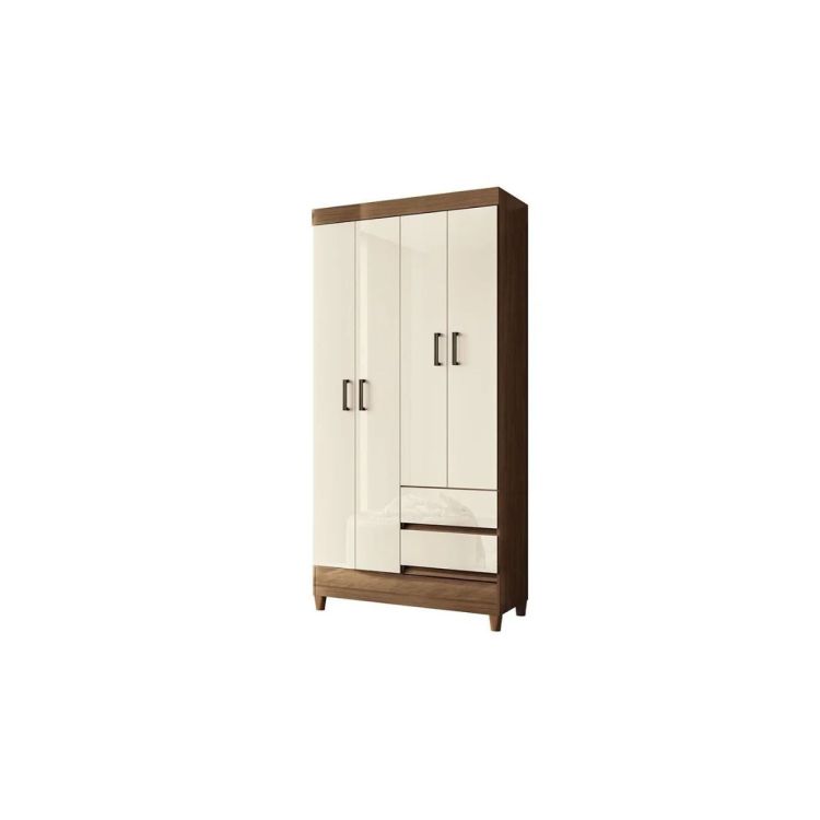 Penderie simple à 4 portes + 2 tiroirs – Bois Marron/Blanc crème - avec Pieds