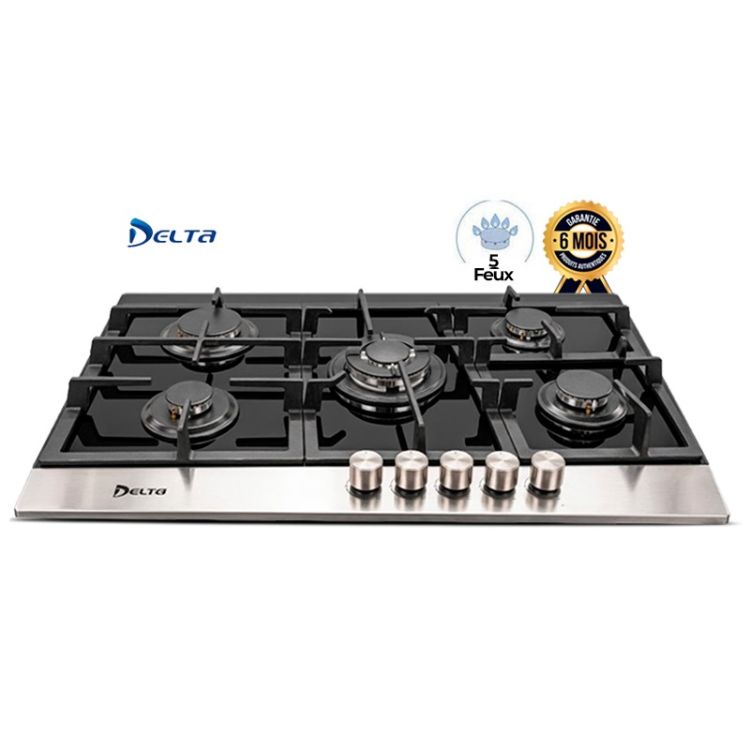 Plaque à Gaz Encastrable DELTA DL-IB-6090-5GLASS – 90 cm, 5 Foyers – Surface en Verre Trempé Noir & Grilles en Fonte – Garantie 6 Mois