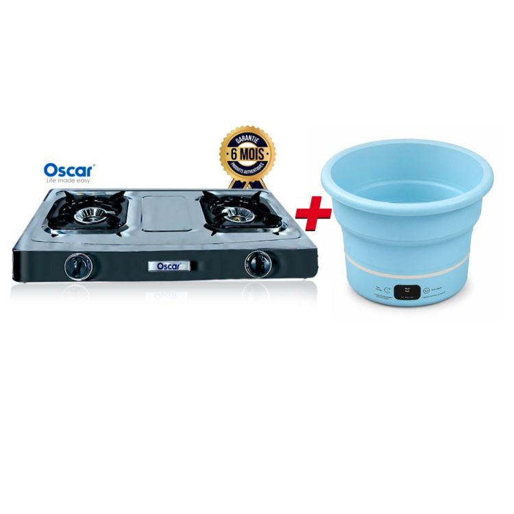 Pack Étudiant OSCAR – Plaque à Gaz 2 Feux + Mini Machine à Laver Portable 1,7 kg – Économique & Compact – Garantie 6 Mois