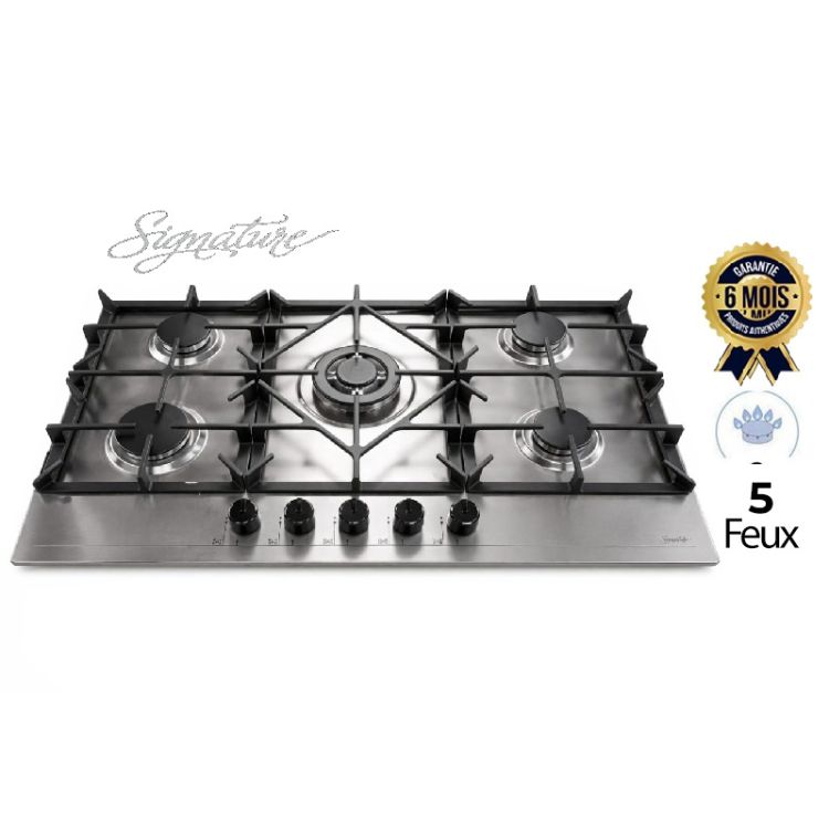 Plaque à Gaz Encastrable SIGNATURE en Inox, 5 feux dont 1 brûleur central, grilles en fonte noire, garantie 6 mois, prix au Cameroun. 