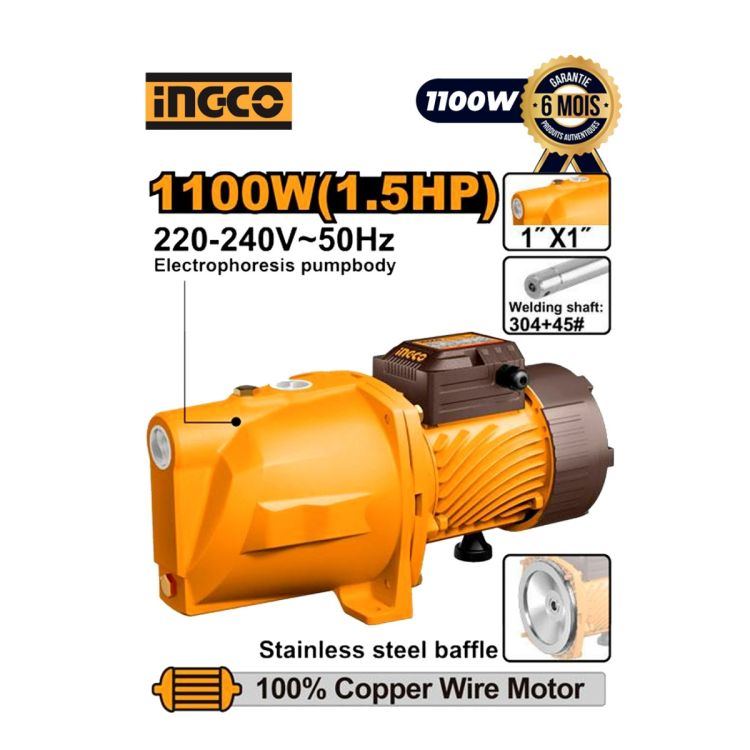Pompe à Jet Auto-amorcante - 1100W - INGCO JP110068 - 1.5HP - 70L/M - 6 Mois