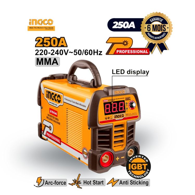 Poste à souder inverter - 250A - INGCO MMA25069 - Avec accessoires - 6 Mois