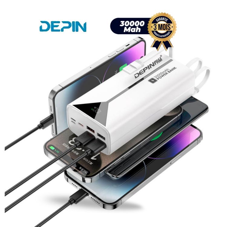 Powerbank DEPIN - LD-60 - 30000mAh - Charge Rapide 22.5W - Câbles intégrés - Sortie Type-C PD - 03 Mois de Garantie