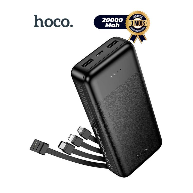 Powerbank HOCO J163A 20000 mAh avec 4 Câbles intégrés, garanti 3 mois, vendu sur Glotelho Cameroun.