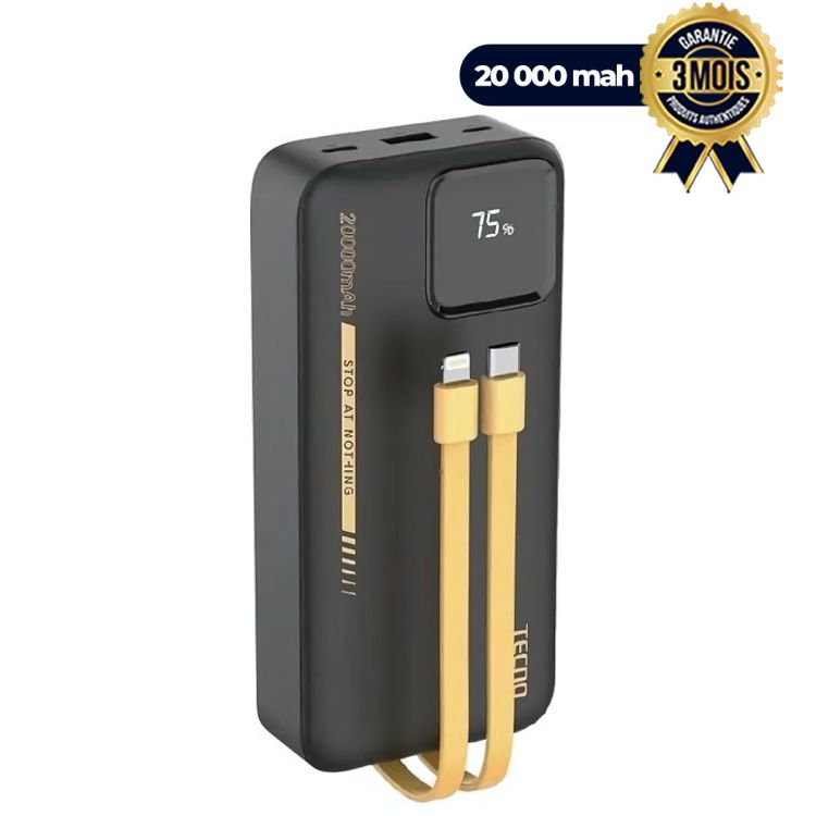 Powerbank Tecno tpb-p204 - 20000mAh - Cables USB-C et Lightning intégrés - LED -  Garantie 03 mois