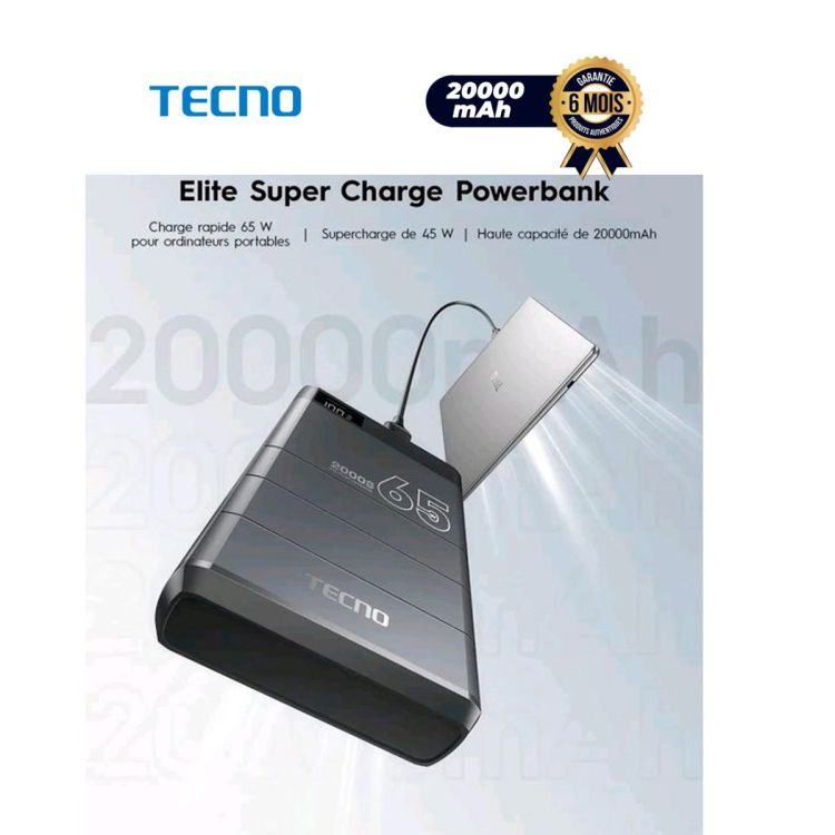 Powerbank Ultra Rapide - Tecno Série Elite PDC2 - 20000mAh - 65W - Charge Ordinateur & Smartphone - 2x Type-C + 1x USB-A - Aluminium - Garantie 6 Mois