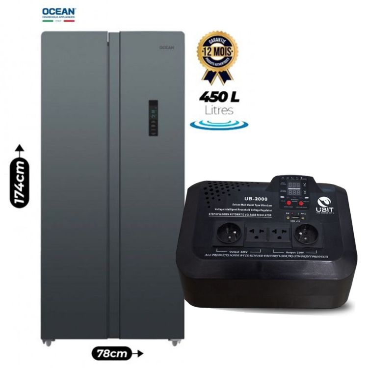Pack Réfrigérateur Américain OCEAN - 450 L - SBSOKO-500 NF S3 - Classe A++, No Frost & Inverter + Régulateur de tension Mural UBIT 2000VA - UB-2000WM OFFERT