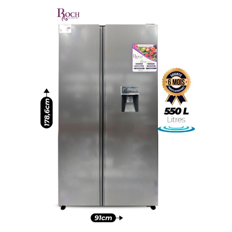 Réfrigérateur Américain ROCH 550 Litres, deux portes côte à côte, distributeur d'eau, gris, garantie 6 mois, prix Cameroun. 