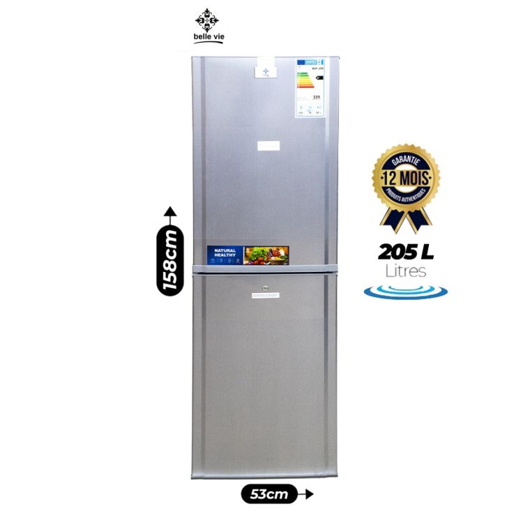 Réfrigérateur combiné (congélateur en bas) - BELLE VIE - 205 L, finition argent, garantie 12 mois, prix Cameroun. 