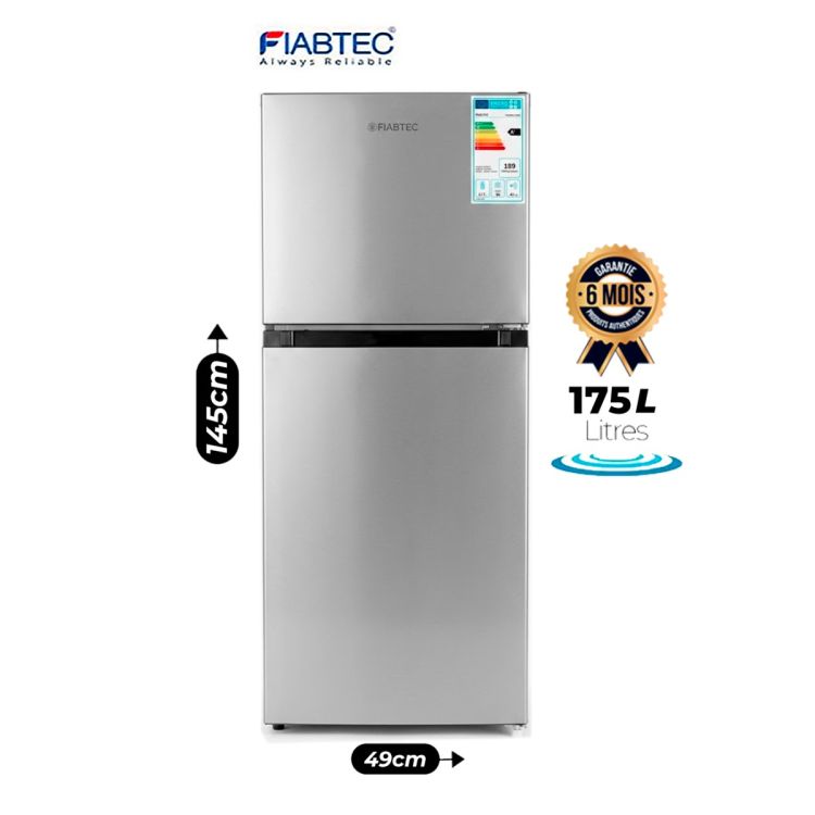 Réfrigérateur double porte FIABTEC FTDFU-175F – 175 Litres – Direct Cool – Congélateur 40L – Réfrigérateur 135L – Finition Acier Inoxydable – Garantie 6 Mois