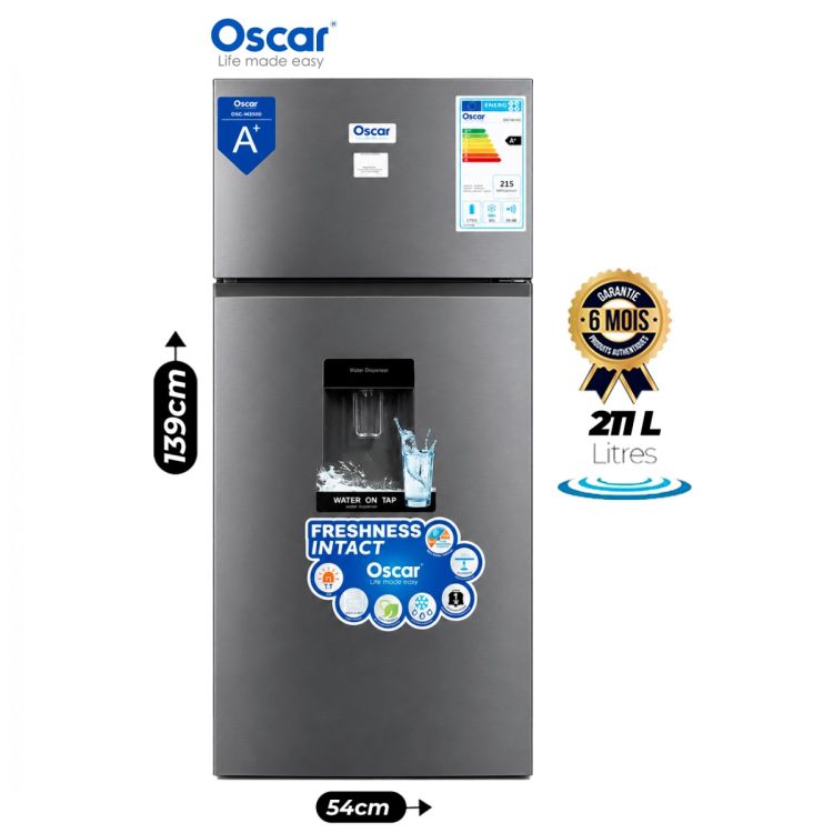 Réfrigérateur double porte OSCAR OSC-M256D – 211 Litres – Distributeur d'eau intégré – Réfrigérateur 170L – Congélateur 41L – Classe Énergétique A+ – 215 kWh/an – 41 dB – Inox – Garantie 6 Mois