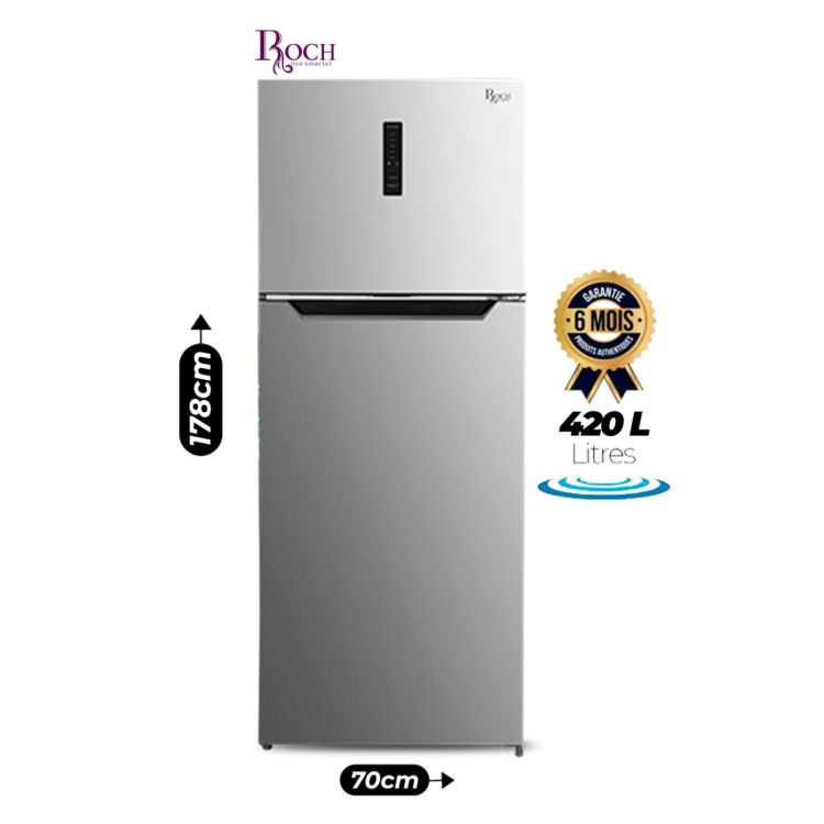 ROCH RFR-525DT-B Double-Door Refrigerator, 420 liters, Silver, 6-month warranty, price in Cameroon. 