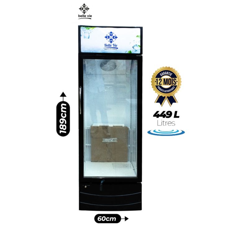 Réfrigérateur Vitrine  BELLE VIE BVGD-449 - 1 Porte Vitrée - 449 Litres - Ventilé - Éclairage LED - Bandeau Publicitaire - Noir - Garantie 12 Mois