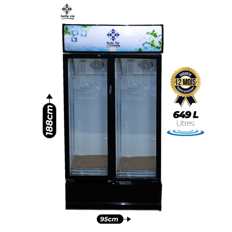 Réfrigérateur Vitrine  BELLE VIE BVGD-649 - 2 Portes Vitrées - 649 Litres - Ventilé Double Turbine - Éclairage LED - Noir - Garantie 12 Mois
