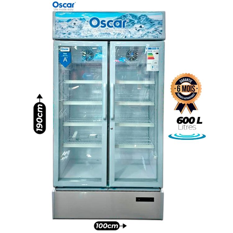 Réfrigérateur vitrine double porte OSCAR OSC-V750 – 750 litres – Etagères ajustables, Classe énergétique A+ , Éclairage LED – Gris / Argenté – Garantie 06 mois