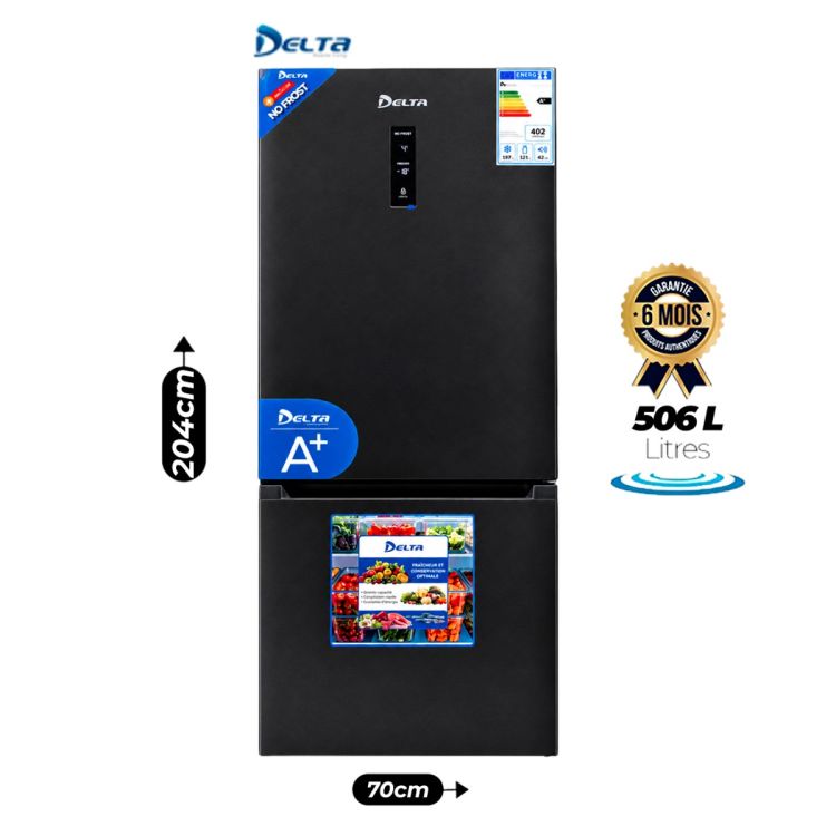 Réfrigérateur Combiné DELTA DRF-600NFBM – No Frost, 506L – Classe A+ – Congélateur Bas 127L – Moteur Silencieux 39 dB – Noir – Garantie 6 mois
