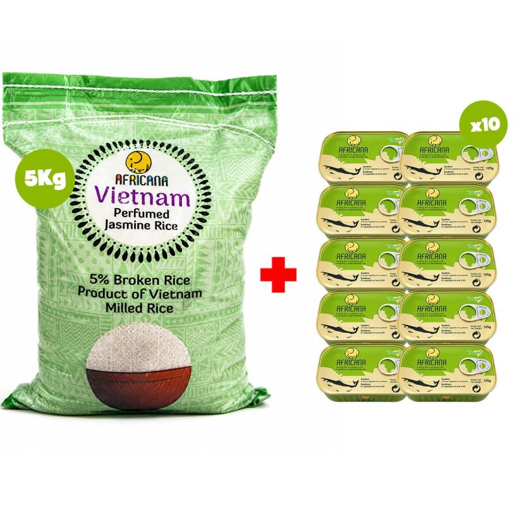 Pack AFRICANA : Riz Parfumé 5 kg + 10 Sardines Pimentées (125g x 10)