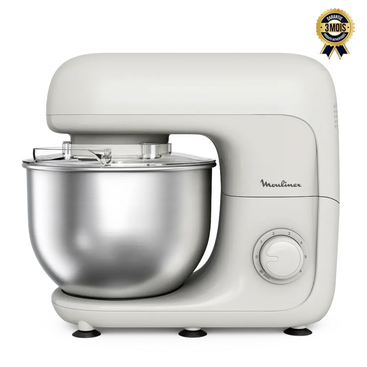 Robot pâtissier Moulinex, 800W, 6 Vitesses + Pulse, Bol en Inox 4,8L, avec crochet batteur et fouet, blanc, garantie 3 mois.