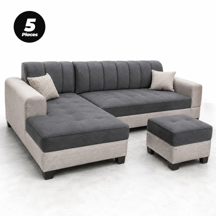 Salon d’Angle FEDEL001 – 5 Places – Mousse PH7 – en Tissu – Gris Cendré/Beige Lin – Disponible en fabrication
