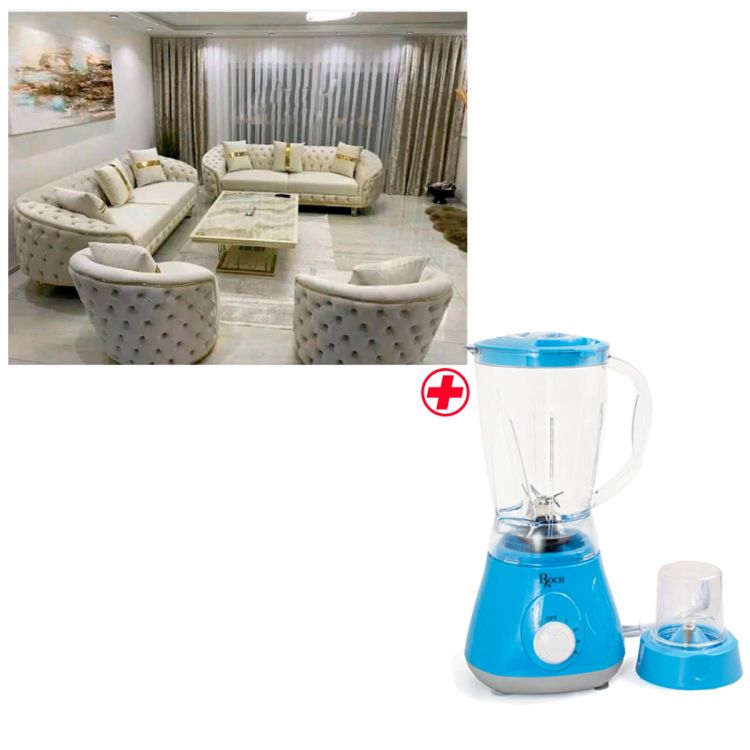Salon Luxe Impérial 7 Places Velours Capitonné Blanc/or + Blender ROCH 2-en1 OFFERT