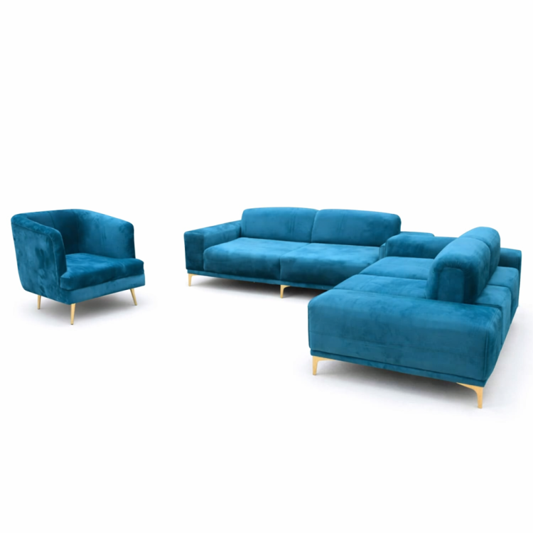 Salon Moderne en Velours – 6 Places – Bleu canard/bleu paon, avec pieds dorés, prix Cameroun. 