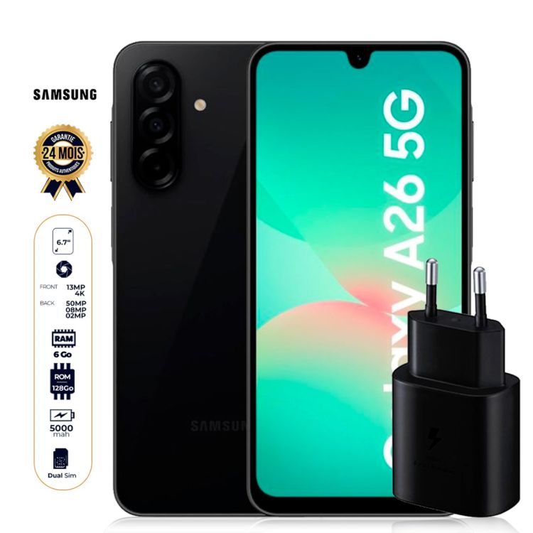 Samsung Galaxy A26 5G - 128 Go - 6Go RAM + Boitier de recharge original Samsung Type-C 25W 