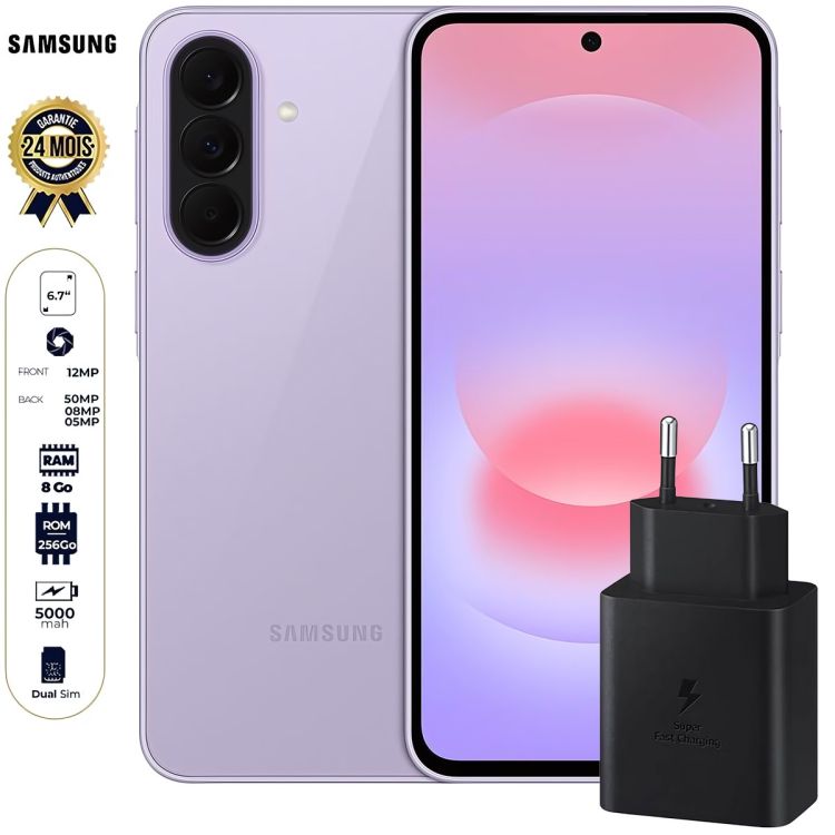 Samsung Galaxy A37 5G - 256 Go - 8Go RAM - 6.7" - 50MP - 5000mAh - Garantie 24 Mois + Boitier de charge Samsung 45W USB-C pour Samsung galaxy S25 Ultra , S24 ultra , S23 ultra , S22 ultra