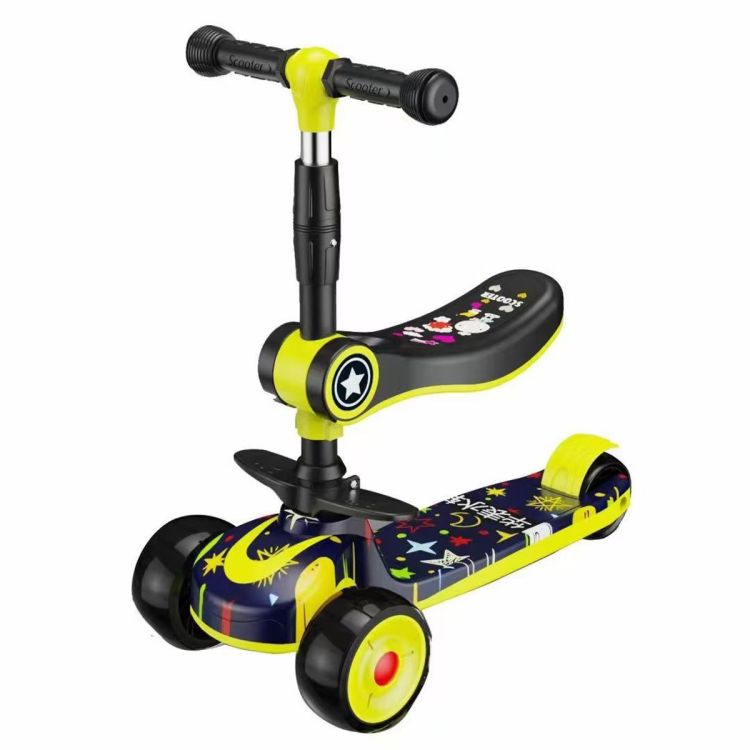 Scooter enfant lumineux avec musique et batterie rechargeable – 3 à 8 ans – 30 kg max – Jaune et Rouge