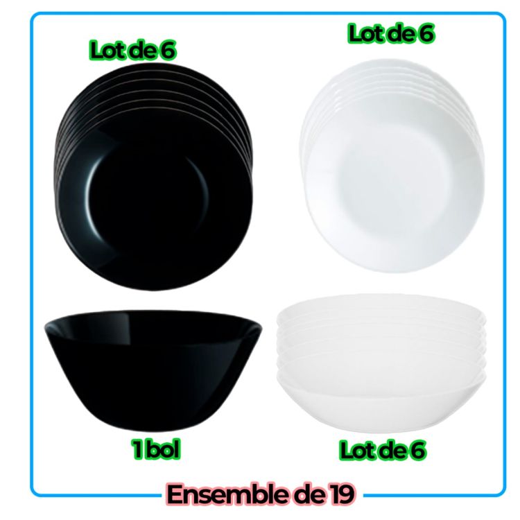Service de Table 19 Pièces en Verre Opale - LUMINARC (V8563) - 6 Assiettes Plates + 6 Assiettes Creuses + 6 Assiettes à Dessert + 1 Grand Saladier - Design Bicolore Noir et Blanc