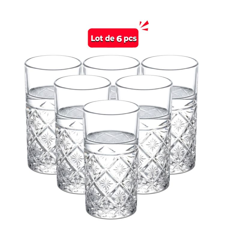 Set de 6 Verres à Eau et Jus 35cl - Verre Transparent au Motif Losange