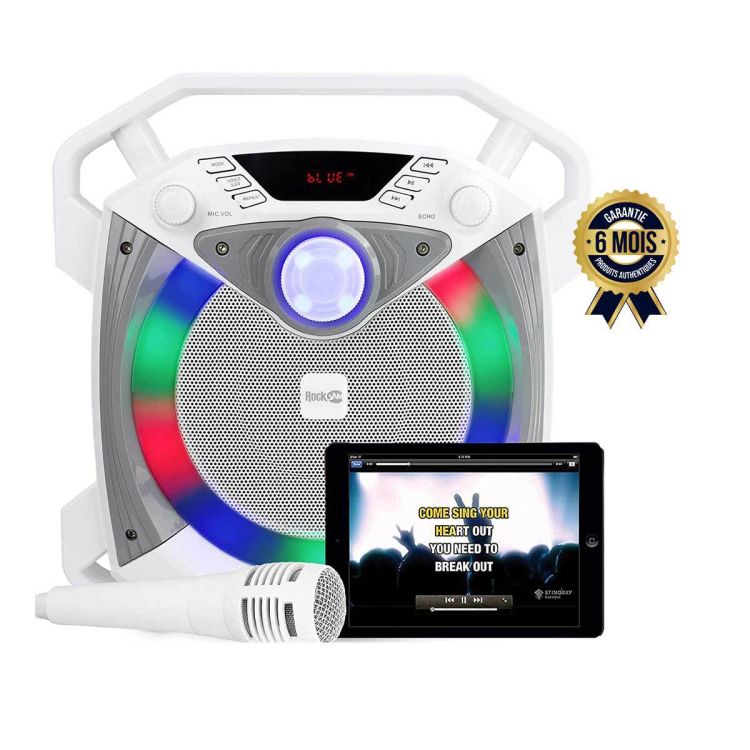 Machine de karaoké Bluetooth rechargeable -RockJam  RJPS100 Singcube 5 Watts avec deux microphones  et Lumières LED - Blanc| Glotelho Cameroun
