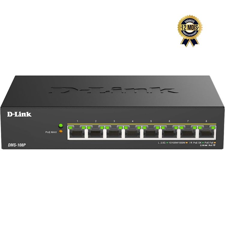 Switch D-Link DMS-108P – Multi-Gigabit 2,5G PoE++ – 8 Ports RJ45 jusqu’à 90W/Port – Budget PoE 230W – Ingérable Plug-and-Play – Boîtier Métal – Garantie 12 mois