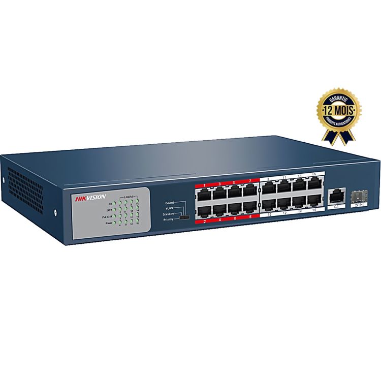 Switch Hikvision DS-3E0518P-E/M – 18 Ports Gigabit – 16 Ports PoE – 2 Ports SFP Fibre – Non gérable – Garantie 12 mois