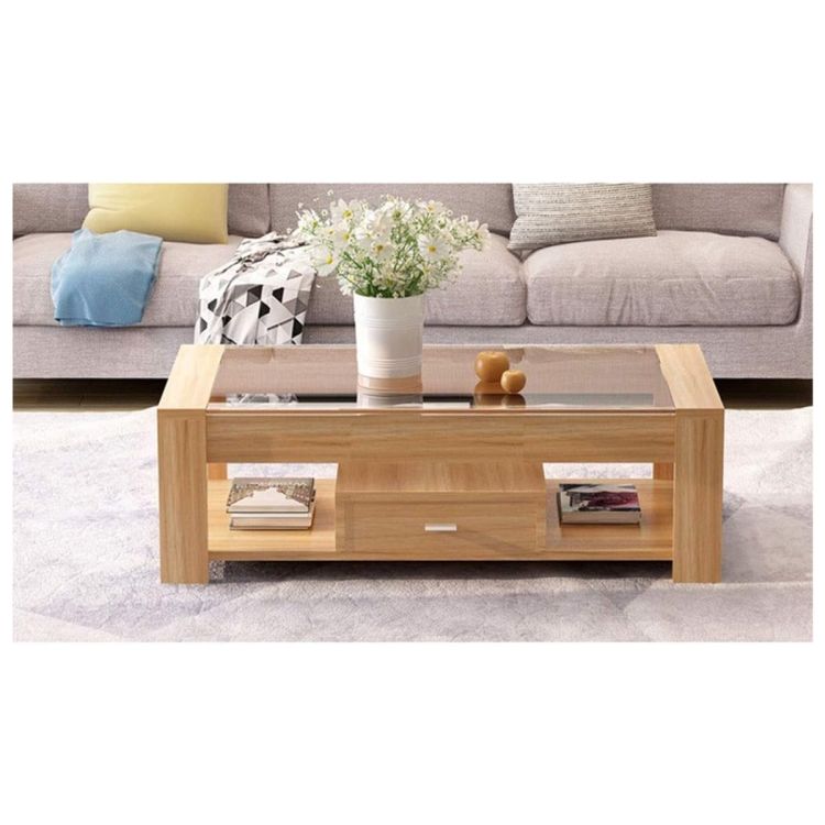 Table basse rectangulaire à 2 niveaux avec 1 tiroir - 120 x 60 x 40 cm, marron clair, vendue sur Glotelho Cameroun.