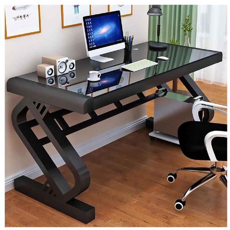 Table Bureau d’Ordinateur en verre trempé, noir, 100 cm, structure en Acier, pieds en  Z, avec espace Unité Centrale, prix Cameroun. 