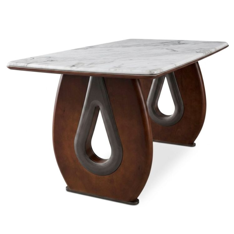 Table de Salle à Manger HB2510145 – 6 places, 160 cm × 90 cm – Plateau Marbre Beige + Base en Bois Sculptée