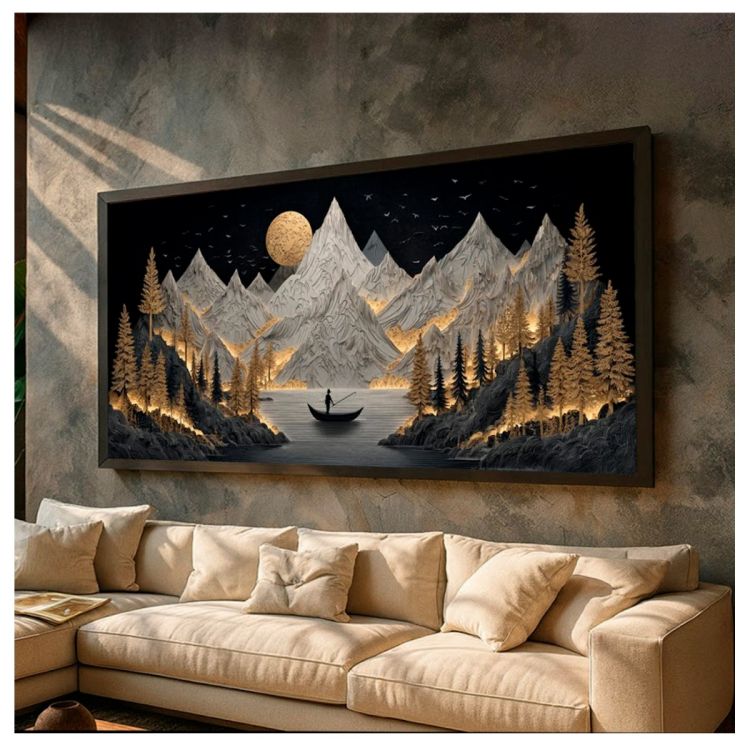 Tableau Décoratif - Clair de Lune Doré - Toile Imprimée Effet 3D - Multicolore