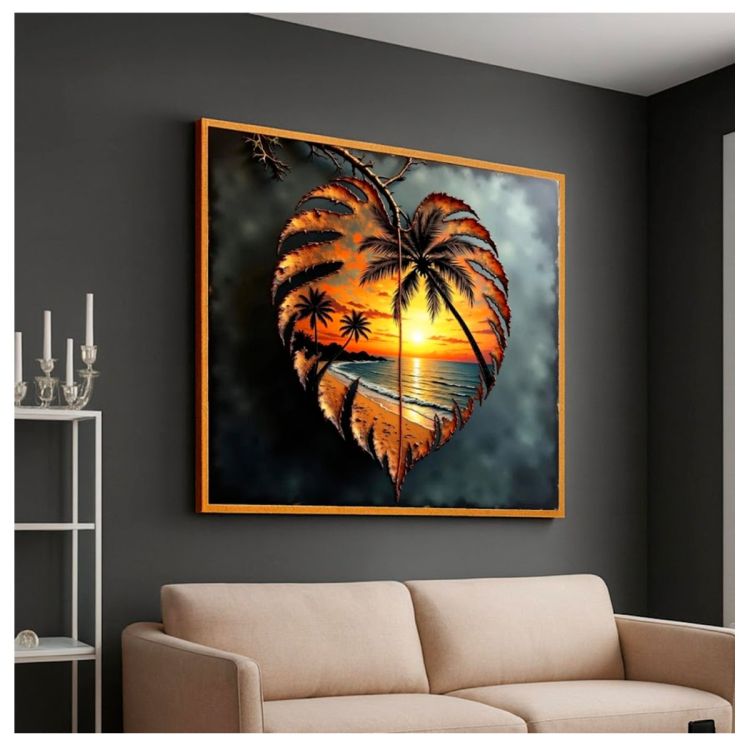 Tableau Décoratif - Coucher de soleil tropical sur la plage - Toile Effet 3D avec Cadre en Bois