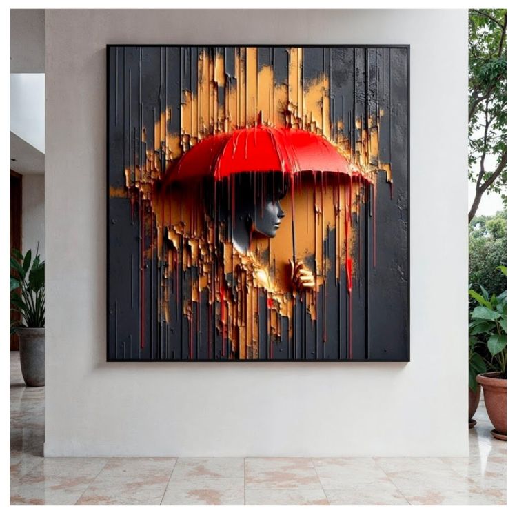 Tableau Décoratif multicolore - Femme avec parapluie rouge - Toile Effet 3D avec Cadre en Bois