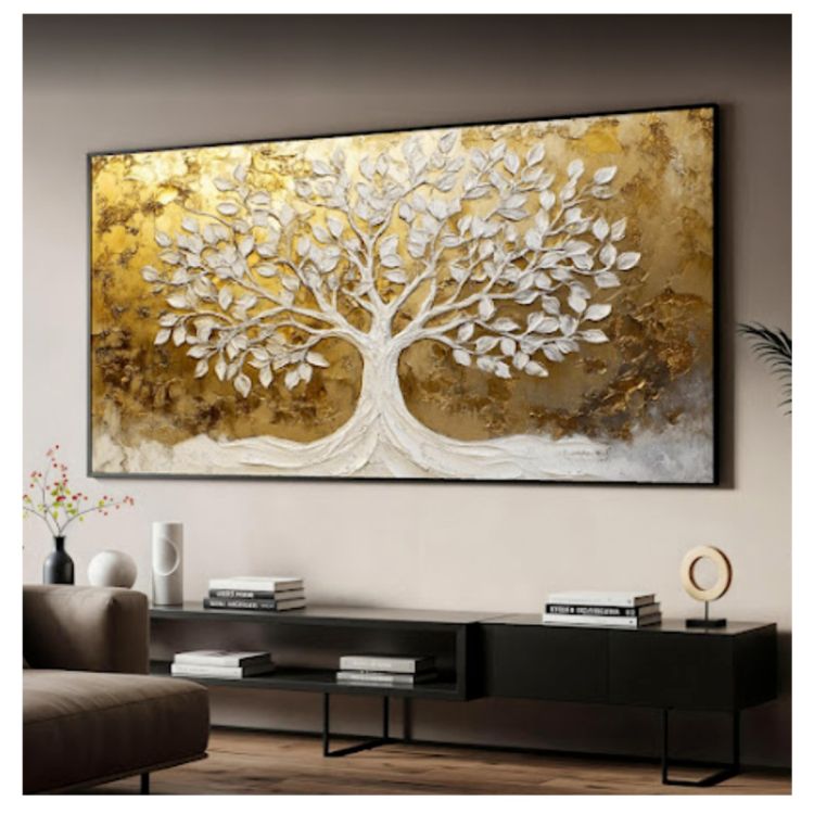 Tableau Décoratif Arbre aux Feuilles d'Or – Toile Effet 3D Lumineuse avec cadre en bois, prix Cameroun. 