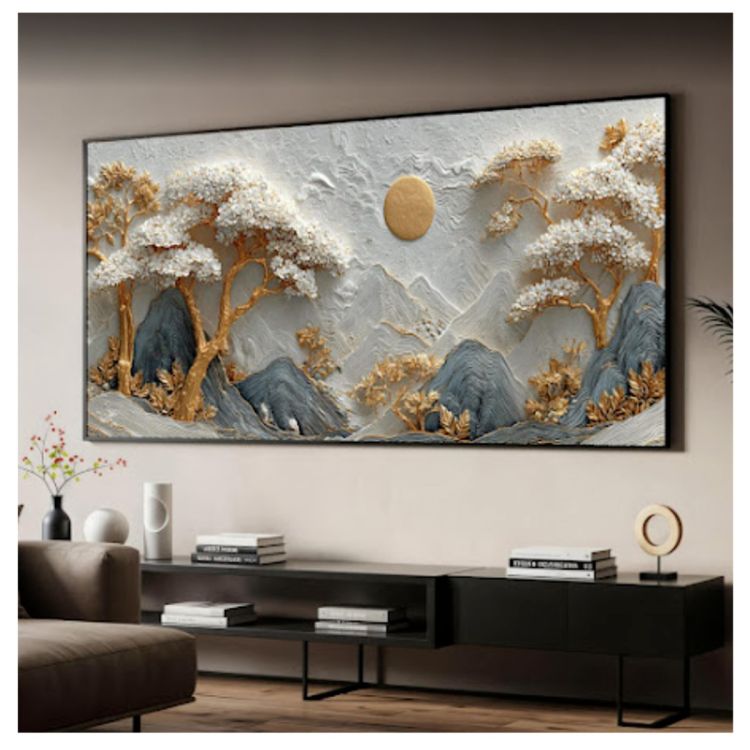 Tableau Décoratif Arbre aux Fleurs d'Or – Toile imprimée Effet 3D sur cadre en bois, prix Cameroun. 