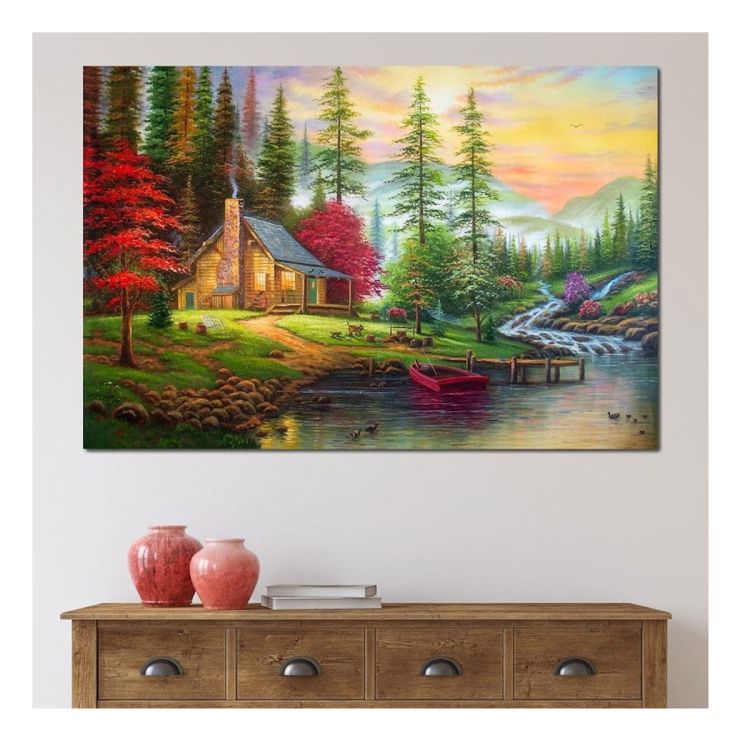 Decorative painting of a house by the river