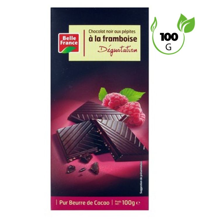 Tablette chocolat noir aux éclats de framboise Belle France 100g, dessert gourmand Saint-Valentin, prix Cameroun.