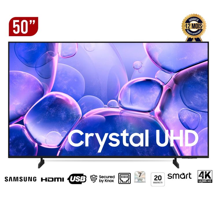 TV SMART Samsung 50" UA50U8000F – Crystal UHD 4K – HDR+ – Processeur Crystal 4K – One UI Tizen sécurisé Knox – Design Métallique Haut de Gamme – Economie d'énergie – Series 8 (2025) – Garantie 12 Mois