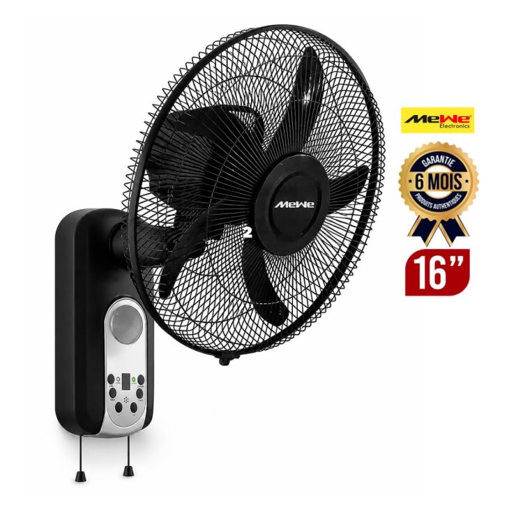 Ventilateur Mural Rechargeable MeWe – 16 pouces, noir, avec ampoule LED, garantie 6 mois, prix au Cameroun. 